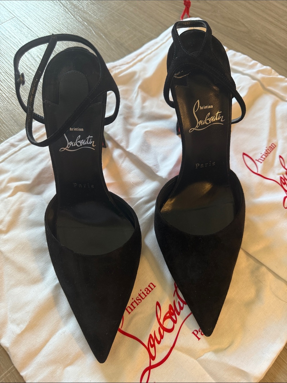 Christian Louboutin Black Suede Pointed-Toe Ankle-Strap Pumps - Picture 3 of 9